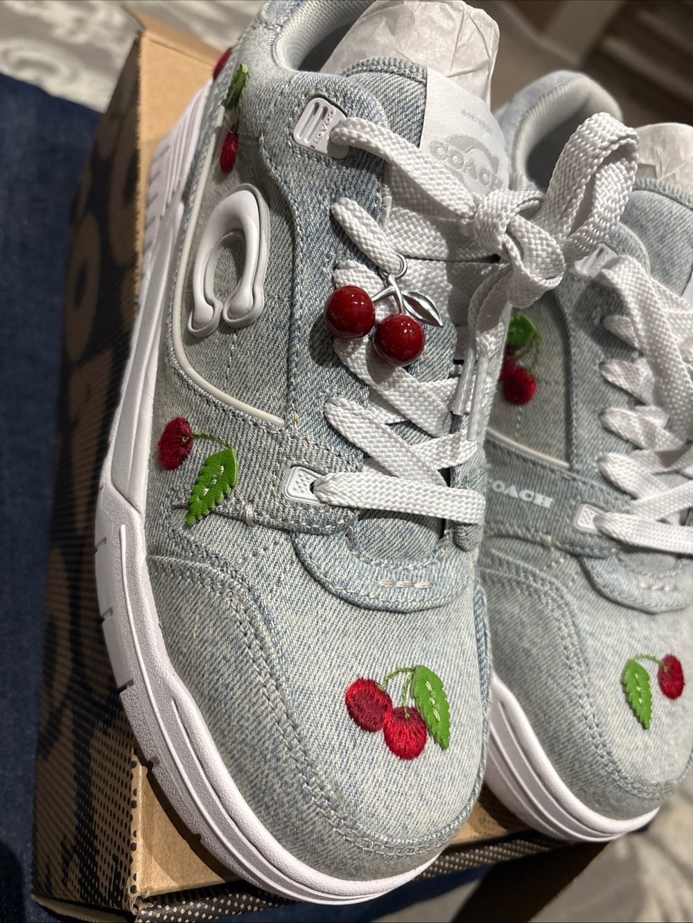 COACH Women's Soho Cherry Charm Ornament Detail Sneakers Denim/Optic White-8 - Picture 3 of 16